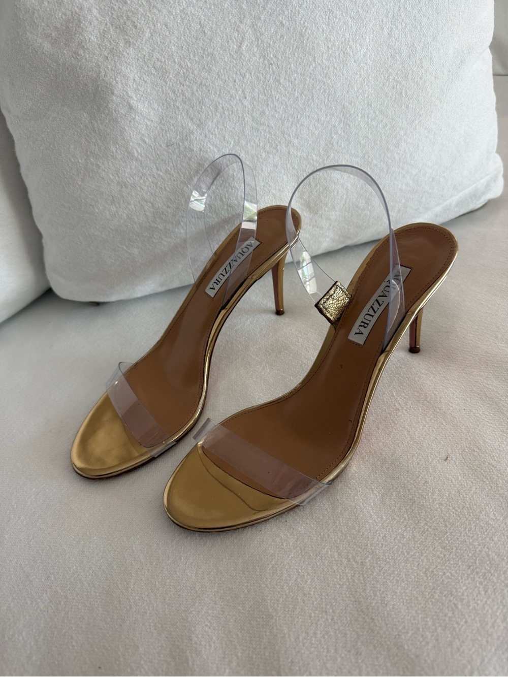 Aquazzura Gold Leather Stiletto Sandals with Clear Straps